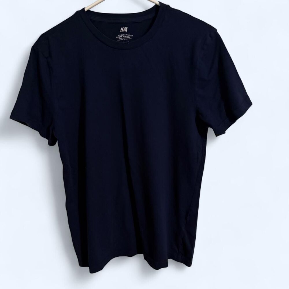 H&M t-shirt men M navy blue regular fit crewneck short sleeve solid cotton